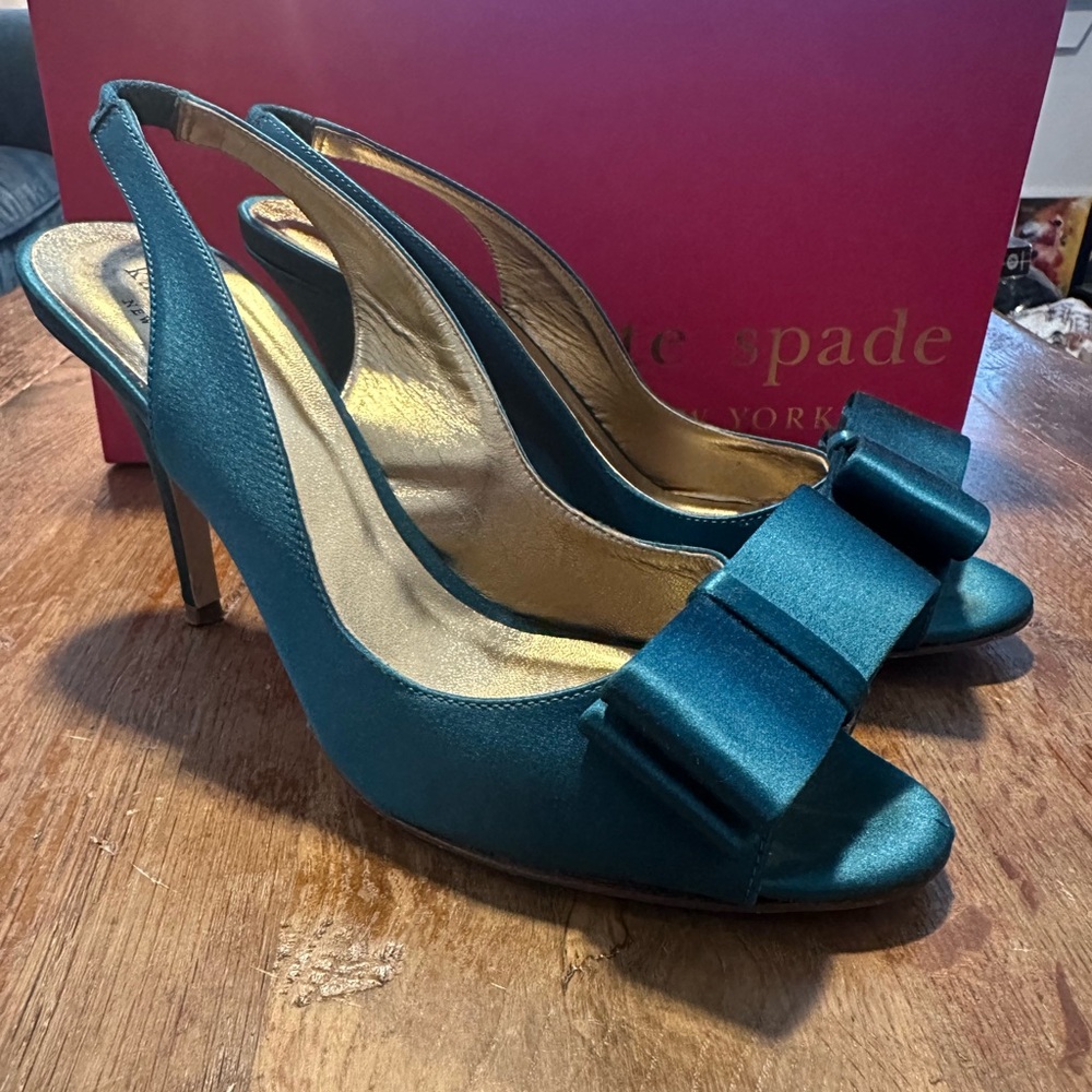 KATE SPADE Teal Blue Satin Bow Slingback Heels - US 6